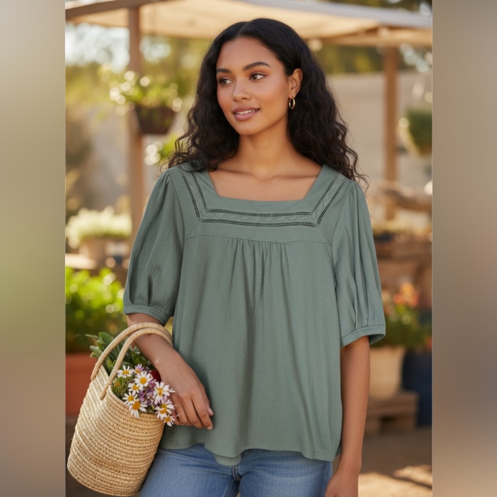 Everleigh Teal Blouse with Square Neckline, Tie Back Closure, size S, coastal